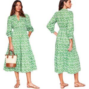 Boden Elena Cotton Tiered Midi Dress Womens 16-18 Paradise Green Ivy Trellis NWT